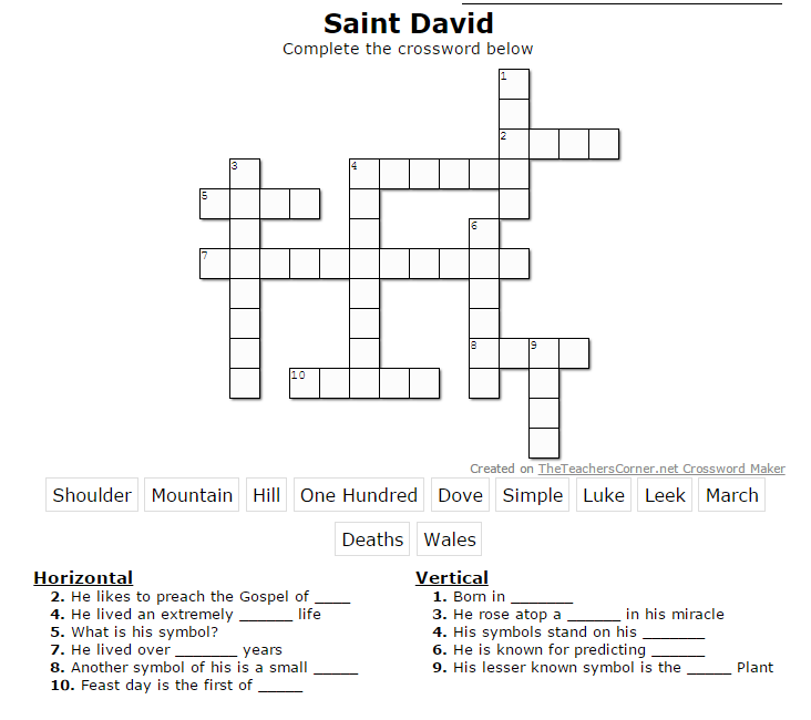 Crossword Saint David of Wales